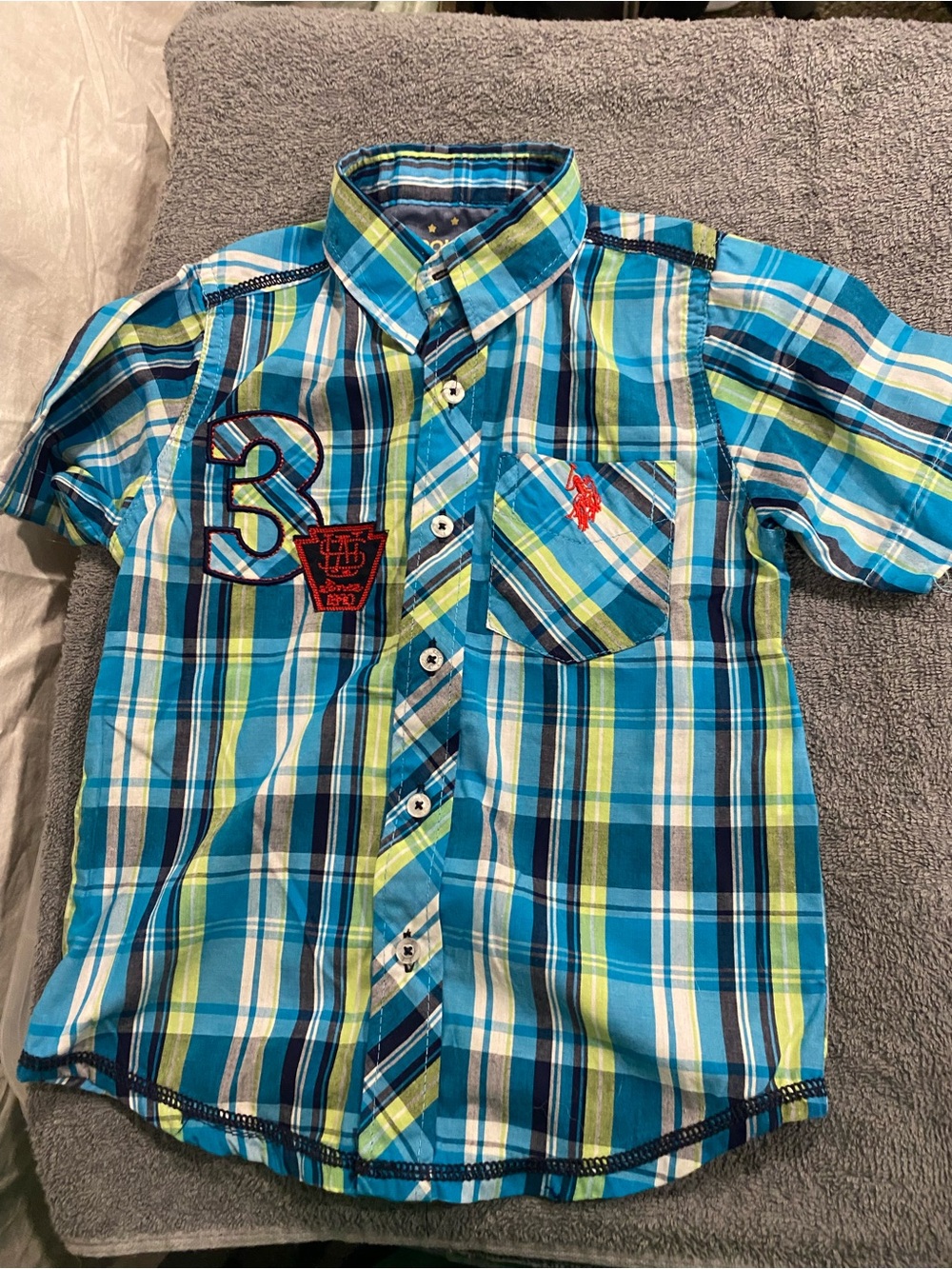 US Polo Assn Boys Plaid Short-Sleeve Button-Up Shirt - Blue/Green. 2T